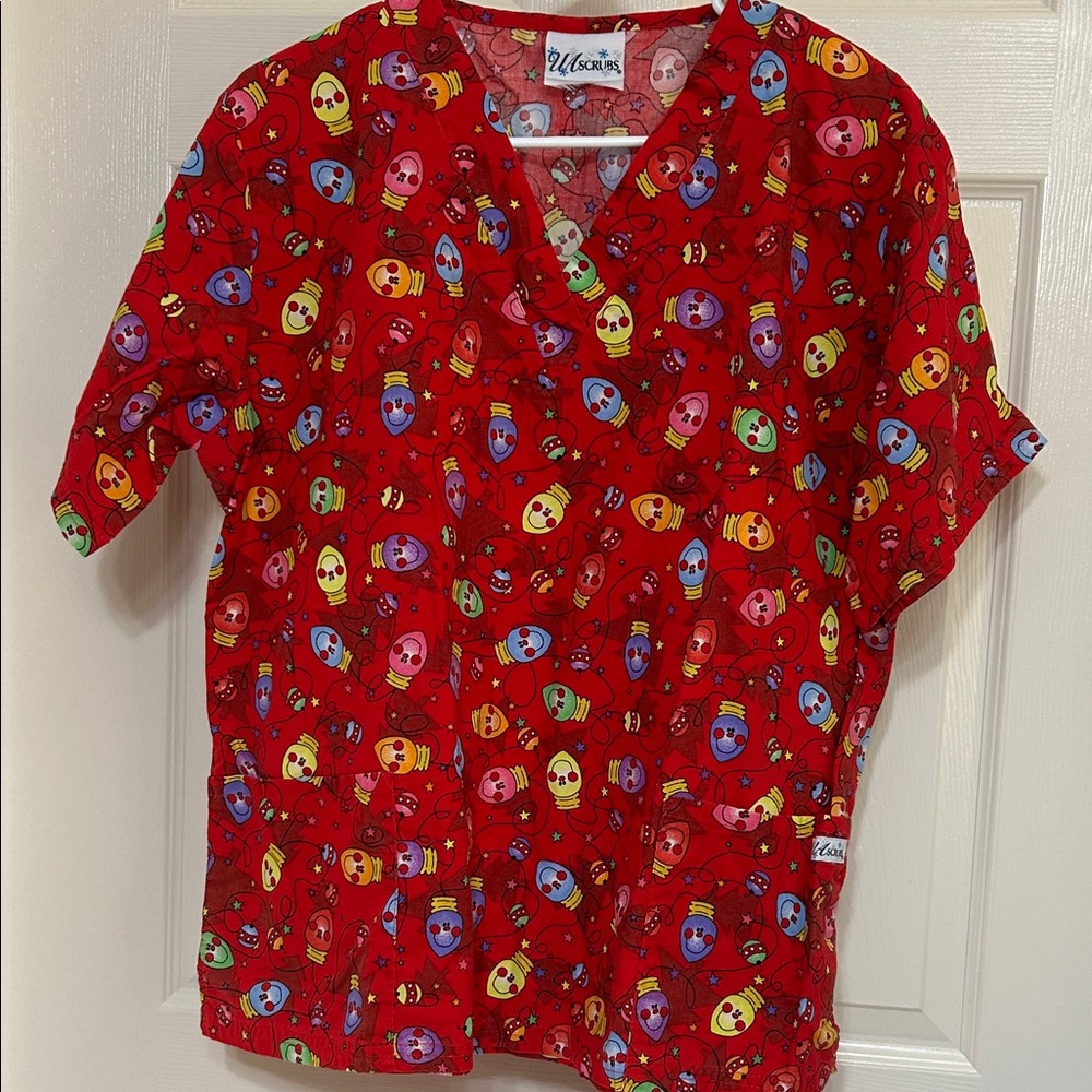 UA Scrubs Christmas Nurse Top Multicolor Scrub Work Utility w Pockets Large
